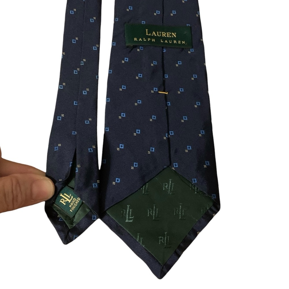 Lauren Ralph Lauren Navy silk tie with lt. blue squares & white dots. Like new.